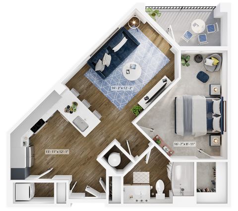Floor plan for 1 bed, 1 bath, 733 sqft